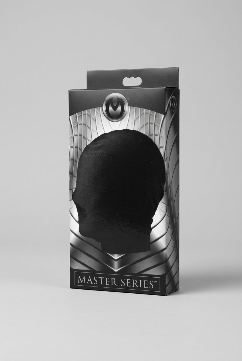 Master Series Disguise Open Mouth Hood with padded blindfold, black hood and mask for costume or role-play use.
