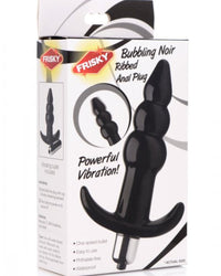 the outer packaging for the Frisky Bubbling Ribbed Vibrating Jelly Anal Butt Plug in black