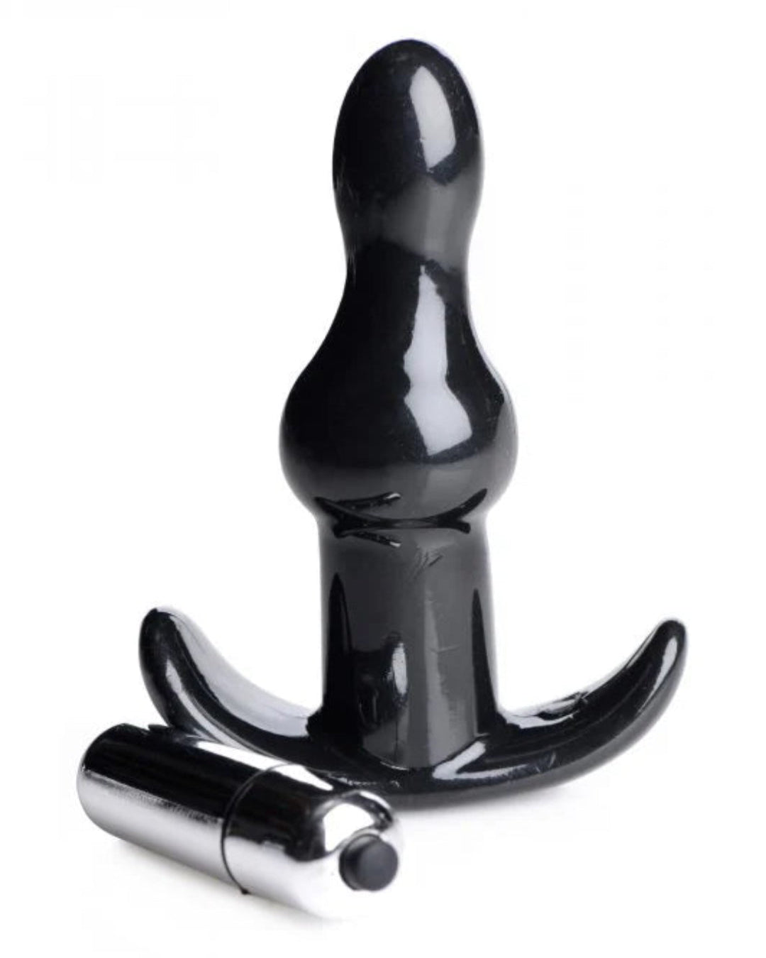 Black Frisky vibrating anal butt plug with rolling bumps, designed for stimulating sensations and comfortable insertion.