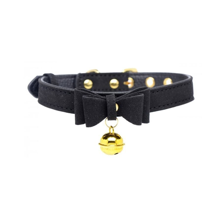 Luxury gold kitty collar with pink accents and bell, designed for submissive feline aesthetic, from Master Series Collars & Leads.