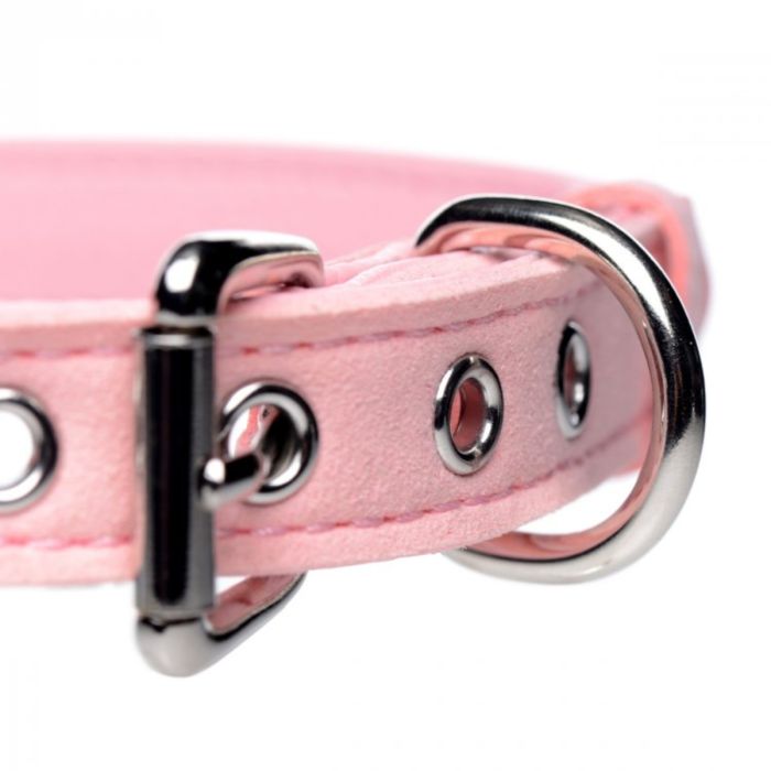 Stylish Master Series Sugar Kitty Cat Bell Collar Pink Silver with bow tie accent, perfect for showing off your inner submissive kitty.