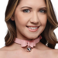 Close-up of the luxurious Master Series Sugar Kitty Cat Bell Collar Pink Silver highlighting the soft PU leather and adjustable buckle.
