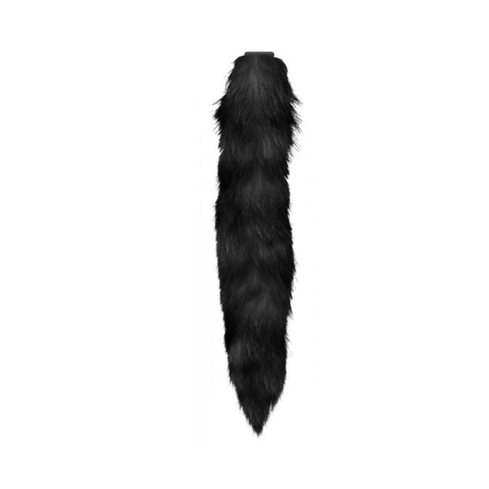 Black faux fur fox tail with silicone cap for animal roleplay, designed for use as an interchangeable tail accessory.