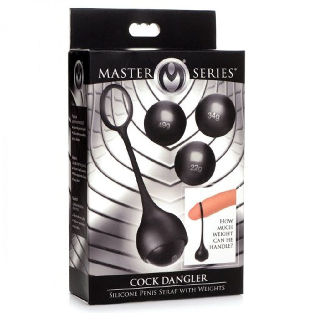 Black Master Series silicone cock dangler strap with weights, featuring adjustable harness and metal weights for enhanced sensation.