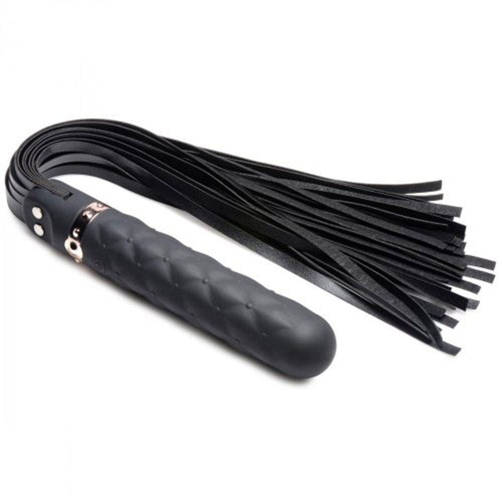 Black Vibra-Lasher 9-function vibrating silicone dildo flogger from Master Series, featuring multiple settings and a sleek design.