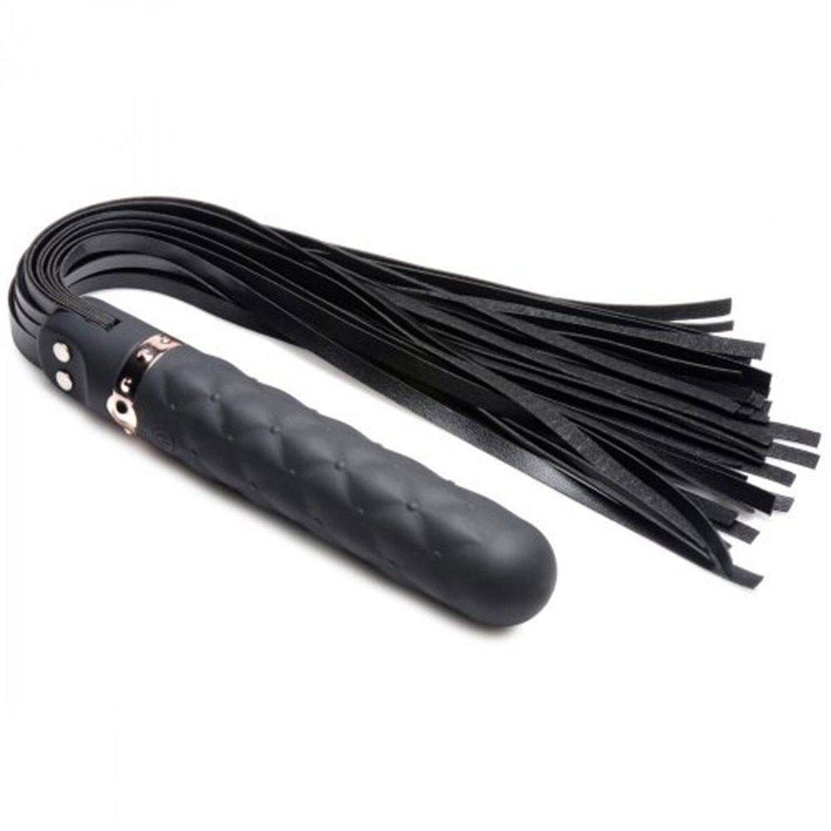 Black Vibra-Lasher 9-function vibrating silicone dildo flogger from Master Series, featuring multiple settings and a sleek design.