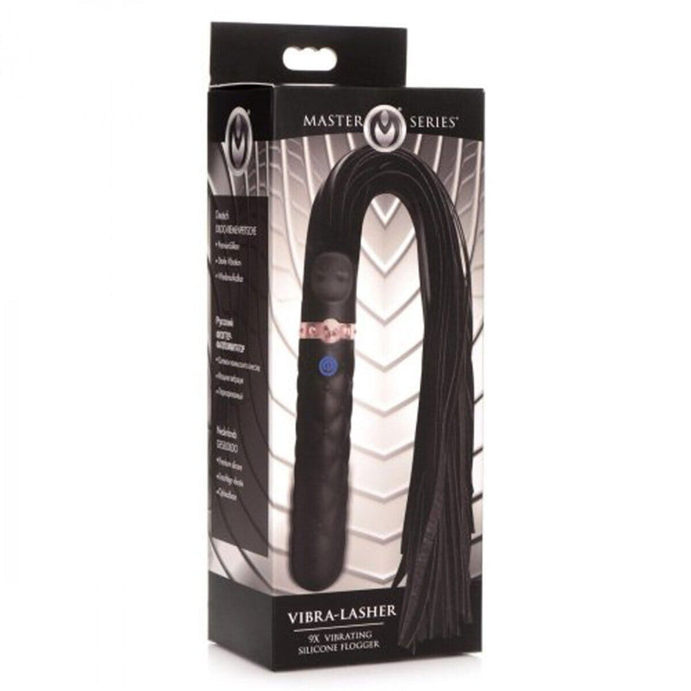 Black Vibra-Lasher 9-function vibrating silicone dildo flogger from Master Series, with multiple vibrating and whipping features.