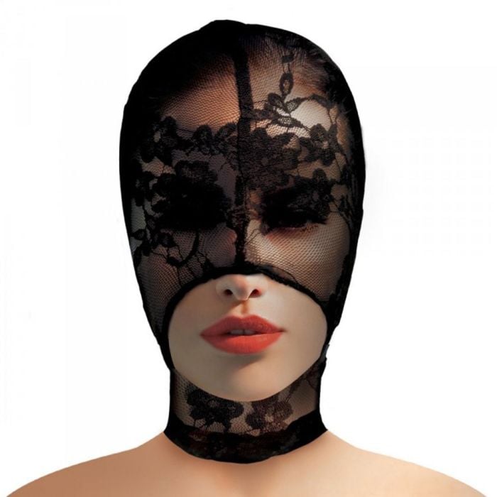 Master Series Lace Seduction Black Lace Bondage Hood showcasing intricate lace design, perfect for intimate moments and fetish fashion.