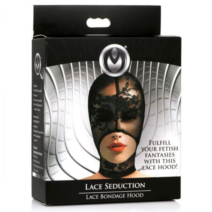 Master Series Lace Seduction Black Lace Bondage Hood displayed elegantly, emphasising its allure for enhancing BDSM experiences and romantic adventures.