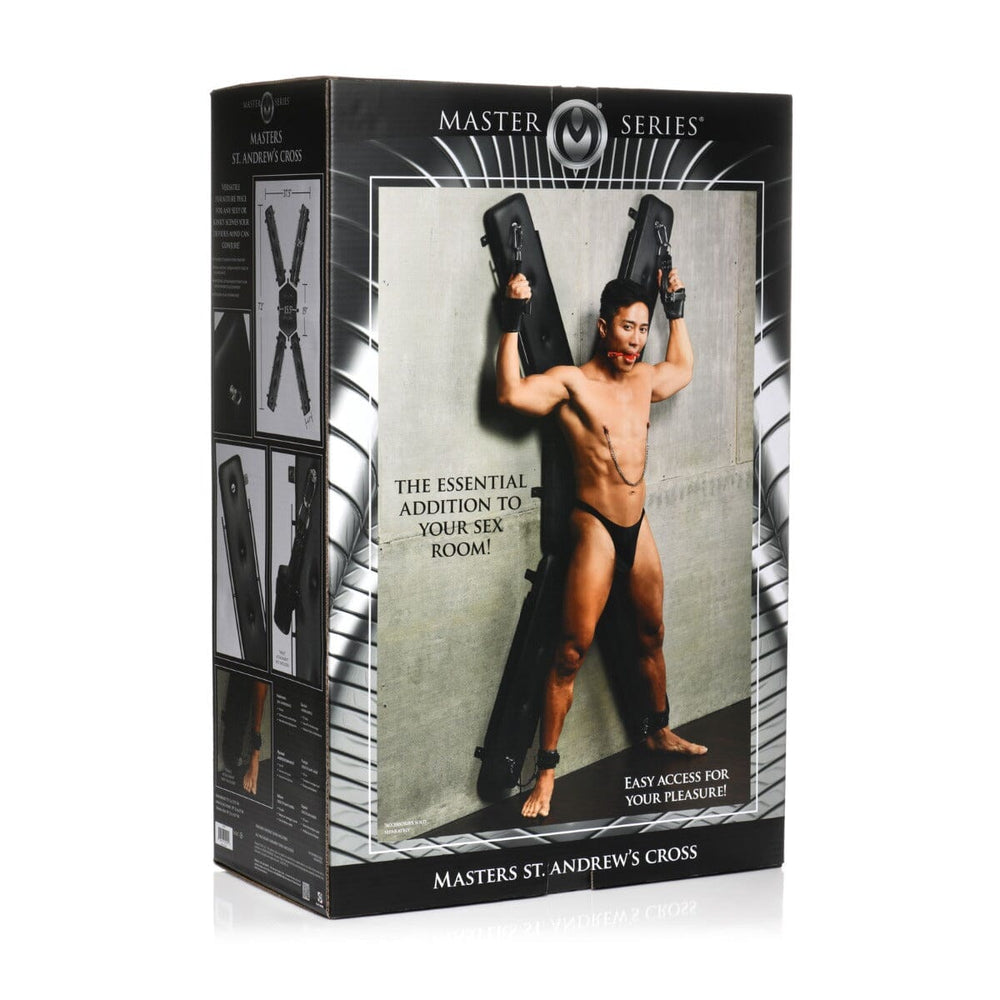 Black St. Andrew's Cross wall-mounted BDSM restraint from Master Series, featuring a sturdy metal frame and leather straps.
