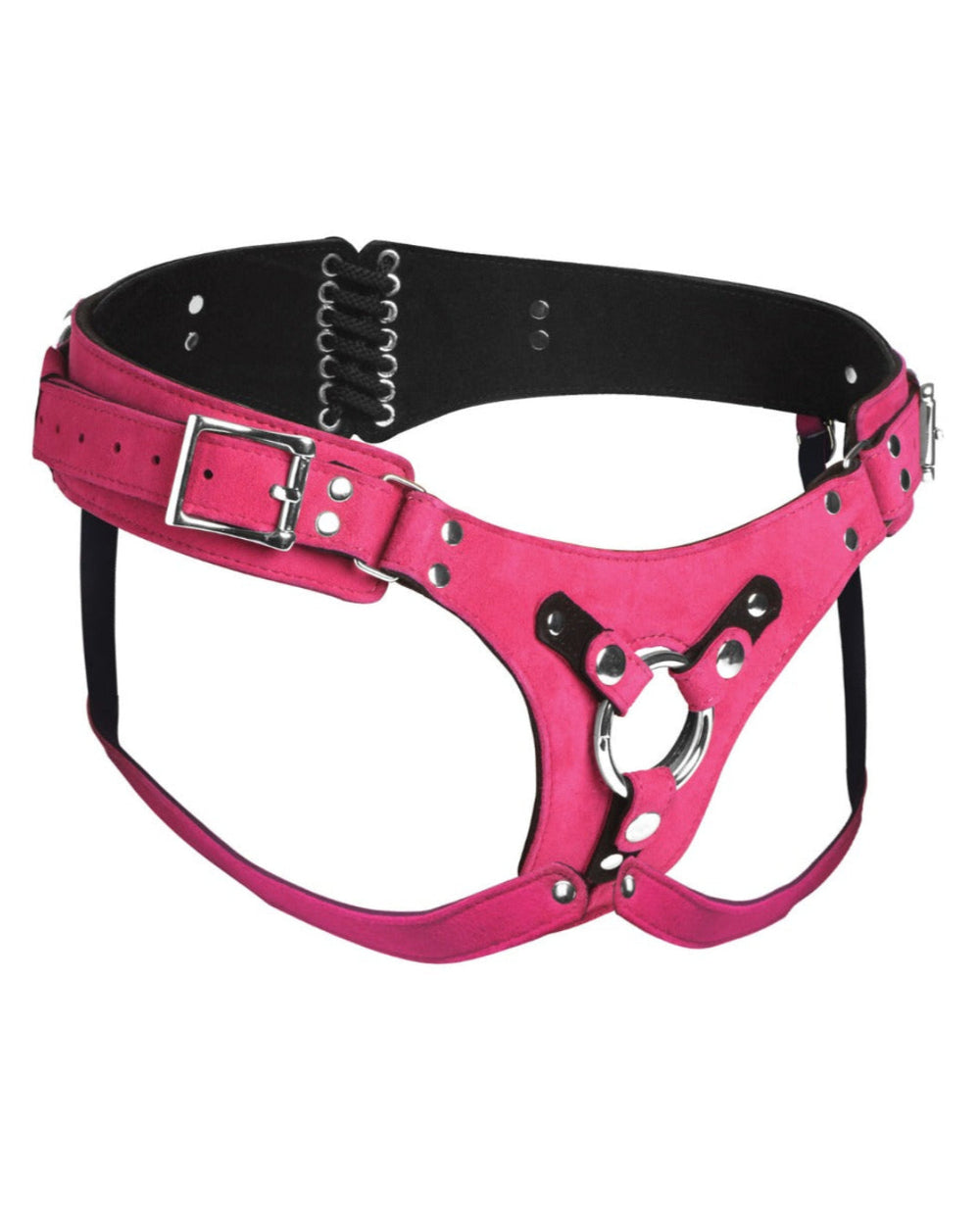 Pink leather strap-on harness in corset style with adjustable straps, designed for comfortable wear and secure fit.