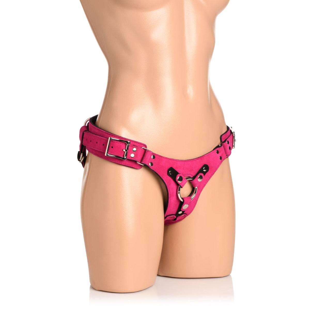 a female mannequin wearing a pink leather harness