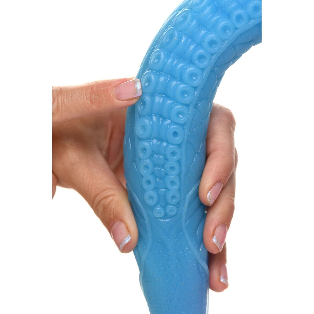 a person holding a blue object in their hand