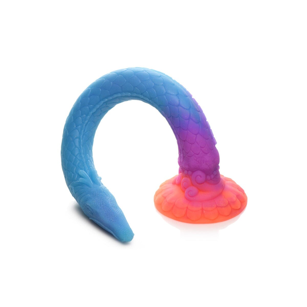 a blue and orange toy with a purple tail