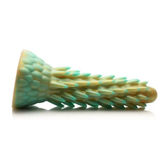 Close-up of the vibrant teal and gold colour design of the Creature Cocks Stegosaurus Spiky Reptile Dildo.