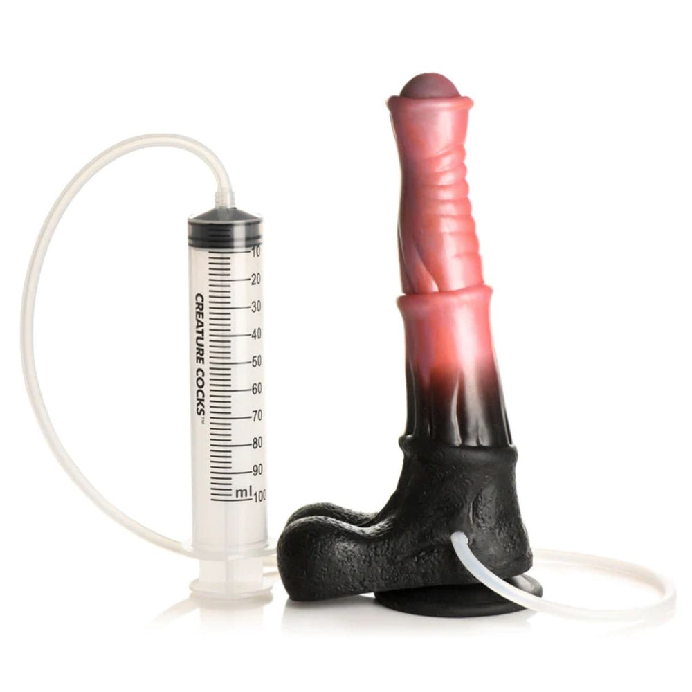 Creature Cocks Centaur Fantasy Dildo by Me You Us, 9.6-inch silicone toy with squirting and ejaculating features, black color.