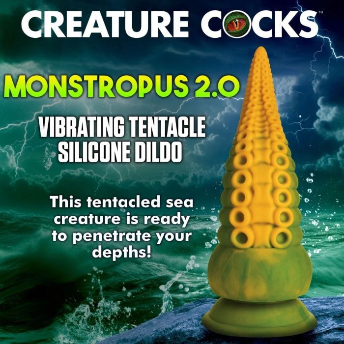 A lifestyle shot featuring the Creature Cocks Monstropus 2.0 Vibrating Tentacle Silicone Dildo, inviting you to explore deep sensations and fantasies.