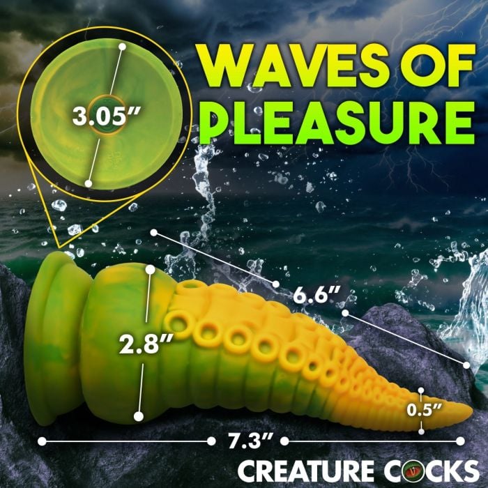The Creature Cocks Monstropus 2.0 Vibrating Tentacle Silicone Dildo positioned to showcase its powerful suction-cup base, ideal for hands-free enjoyment.