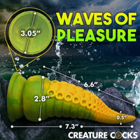 The Creature Cocks Monstropus 2.0 Vibrating Tentacle Silicone Dildo positioned to showcase its powerful suction-cup base, ideal for hands-free enjoyment.