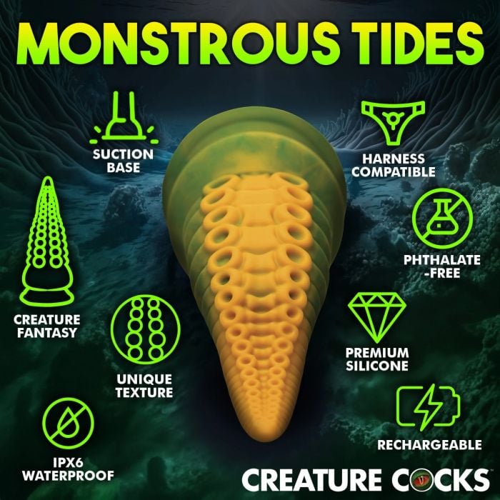 A close-up of the Creature Cocks Monstropus 2.0 Vibrating Tentacle Silicone Dildo, highlighting its exquisite form and luxurious silicone material that enhances every experience.