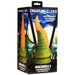 Creature Cocks Monstropus 2.0 vibrating silicone dildo with tentacle design, shown on its packaging.