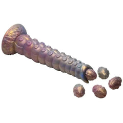 Creature Cocks Deep Invader Tentacle Ovipositor Silicone Dildo with Eggs featuring vibrant iridescent colours of pink, green, orange, and purple.