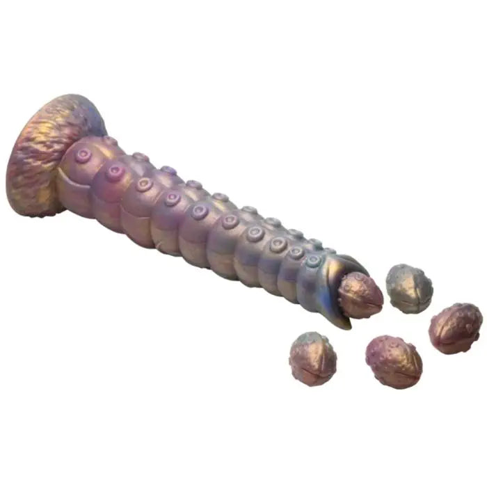 Creature Cocks Deep Invader Tentacle Ovipositor Silicone Dildo with Eggs featuring vibrant iridescent colours of pink, green, orange, and purple.