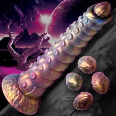 Full view of the Creature Cocks Deep Invader Tentacle Ovipositor Silicone Dildo highlighting its large, thick shaft and diverse textures for enhanced pleasure.