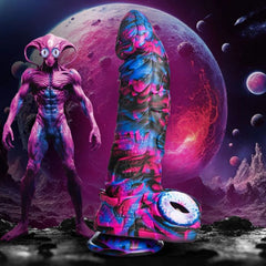 The wide flanged base of the Creature Cocks Alienoid Silicone Dildo, perfect for hands-free fun and compatibility with harnesses for couples play.