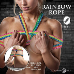 Rainbow soft nylon bondage rope, 16ft long, by Master Series, displayed coiled on a neutral background.