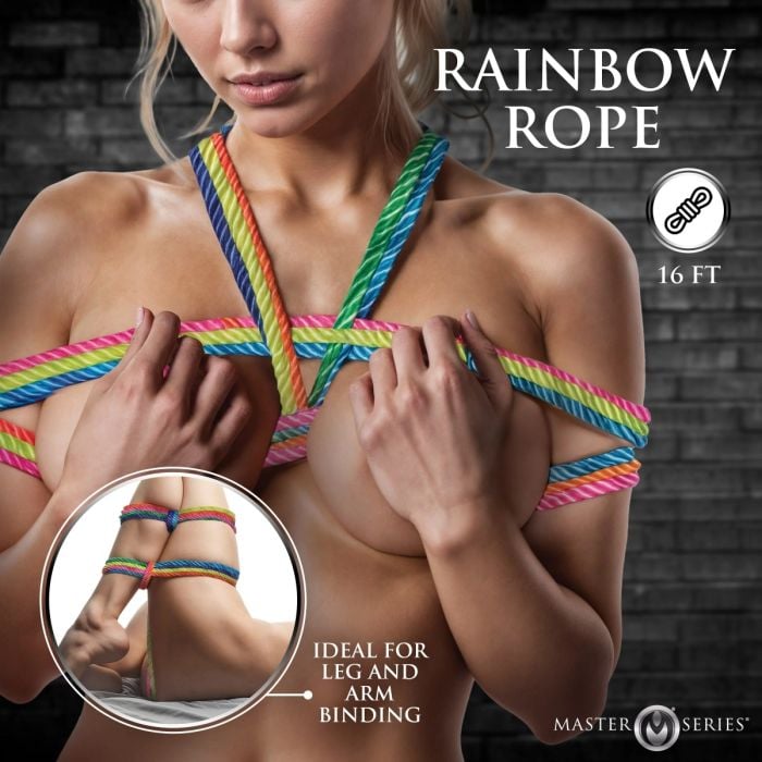 Display of the Rainbow Rope 16ft with measurements, emphasizing its strength, flexibility, and ideal dimensions for bondage rope.