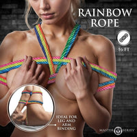 Display of the Rainbow Rope 16ft with measurements, emphasizing its strength, flexibility, and ideal dimensions for bondage rope.