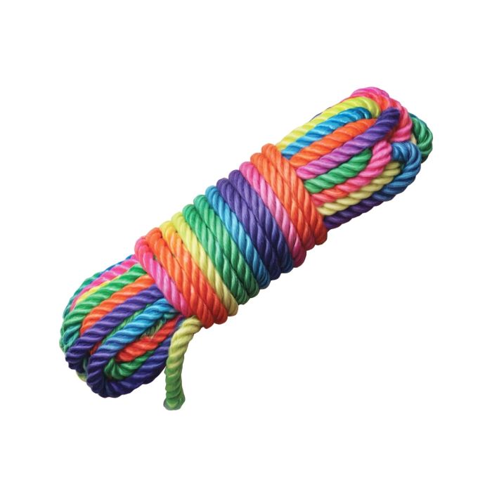 Rainbow soft nylon bondage rope 16ft by Master Series, with colorful strands and soft nylon texture for restraint and play.