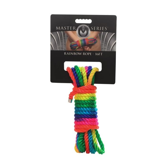 Rainbow soft nylon bondage rope, 16ft long, by Master Series, shown coiled with vibrant rainbow colors for BDSM restraint use.