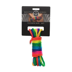 Rainbow soft nylon bondage rope, 16ft long, by Master Series, shown coiled with vibrant rainbow colors for BDSM restraint use.