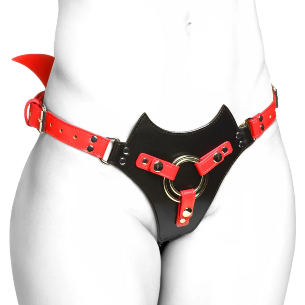 Red and black vegan leather strap-on harness