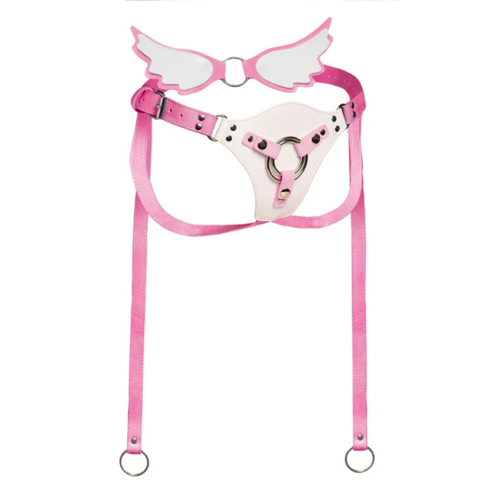 Fantasy strap-on harness with angel wing panels