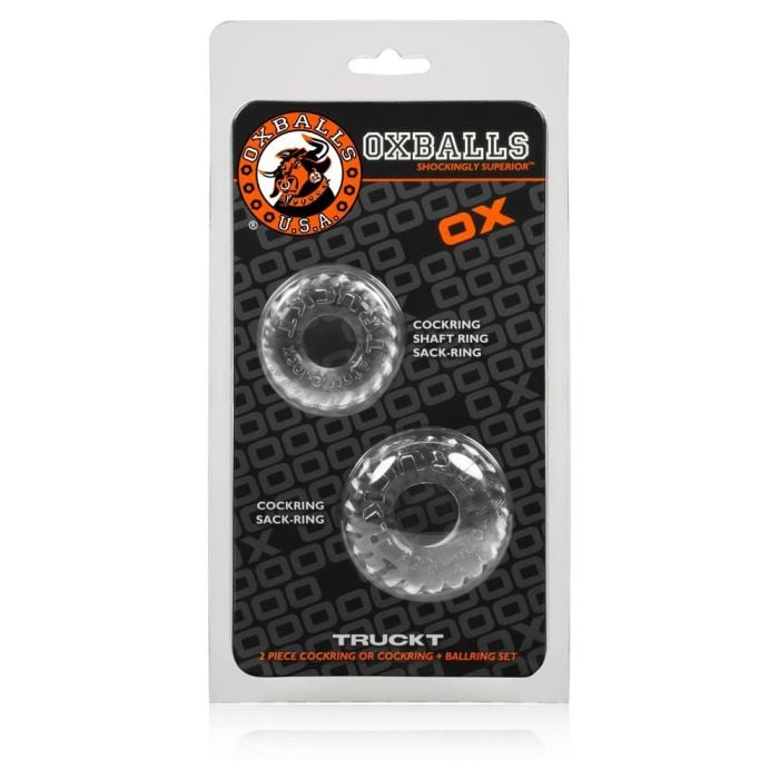 Elegant presentation of Oxballs Truckt Clear Thick Cock Rings, featuring two sizes, ideal for a comfortable fit; an excellent choice for those seeking Oxballs Clear Cock Rings.