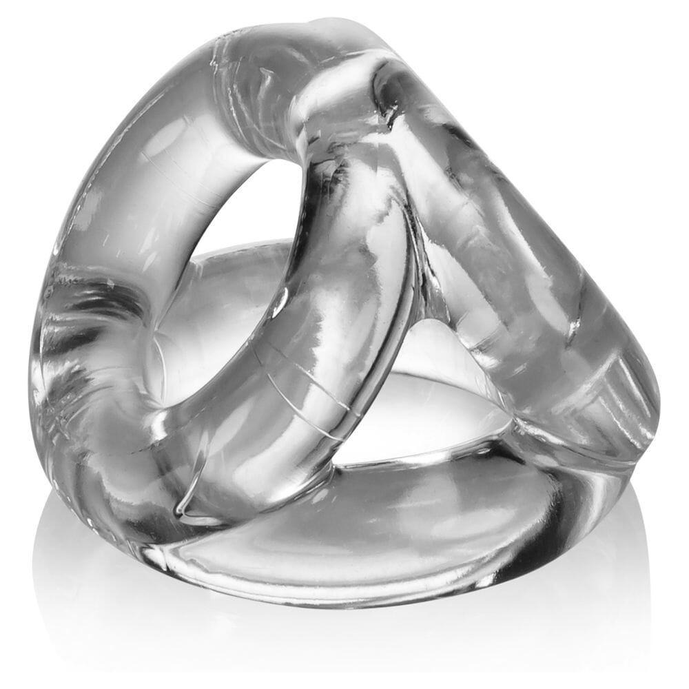 Clear Oxballs Tri Sport cock ring showing its flexible, ergonomic design and snug fit for enhanced pleasure and comfort.