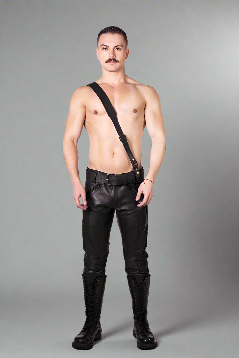 Black Prowler RED Sam Browne belt for men's fetishwear, featuring sturdy straps and metal buckles, shown against a neutral background.