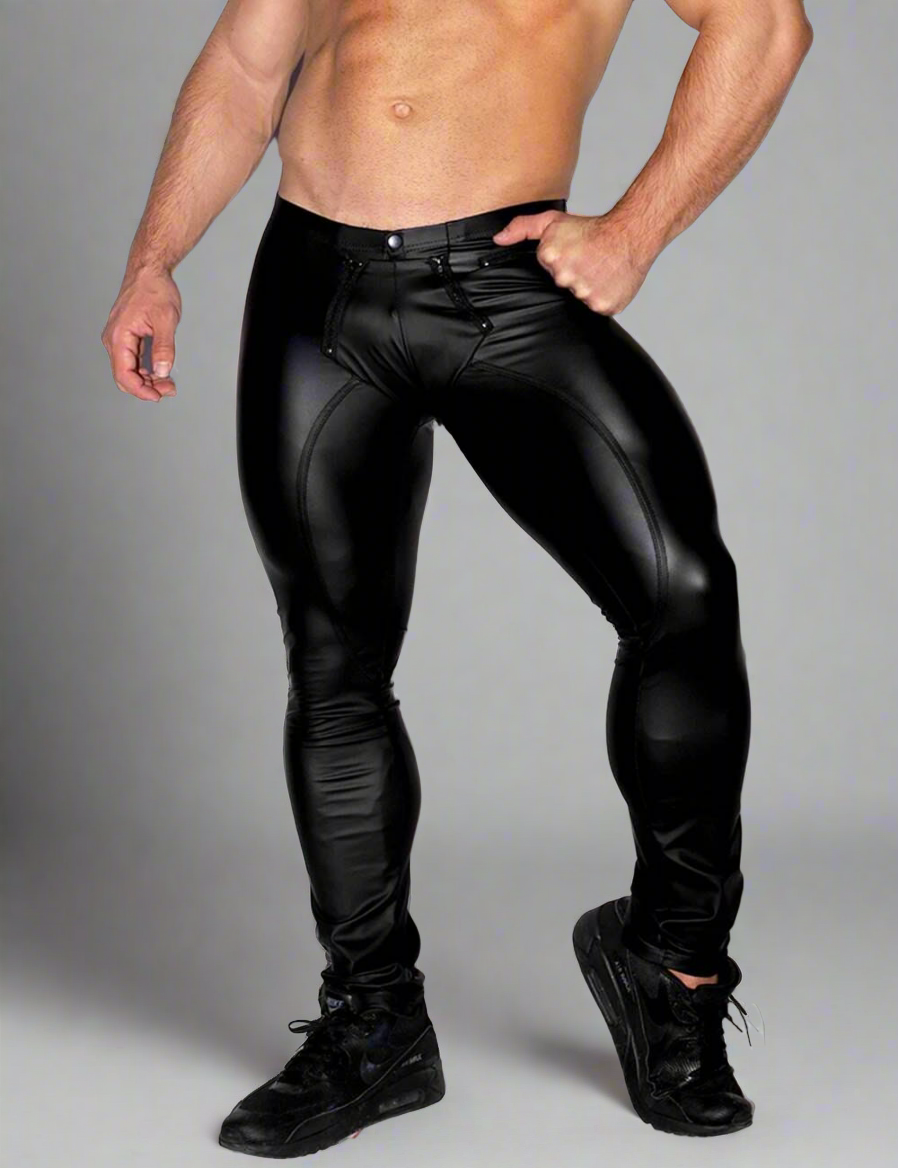Scandals Men's open crotch wet look trousers in black, sleek and shiny fetishwear designed for bold, provocative style.