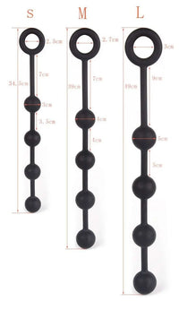 Large Silicone Anal Beads for Advanced Play in 3 Sizes by Scandals showing sizes and measurements