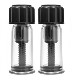 Black Max Powerful Twist Nipple Suckers by Master Series, showing black silicone nipple suckers with twisting mechanism for enhanced sensation.