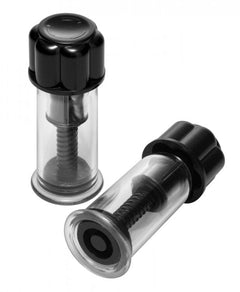Black Max Powerful Twist Nipple Suckers by Master Series, close-up of black silicone nipple suckers with twisting mechanism.