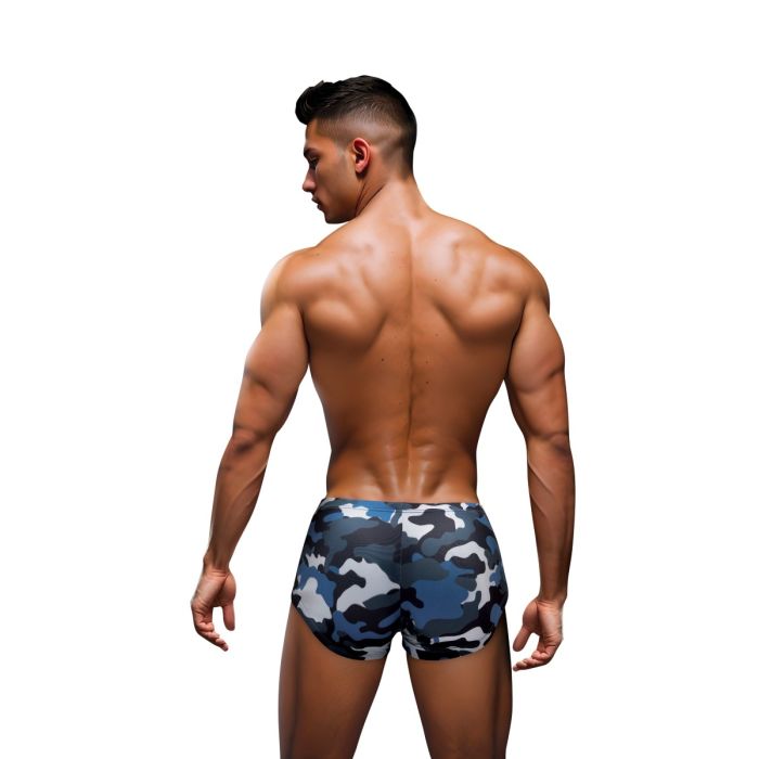 Men's Envy camouflage patterned trunks with dog tag detail in navy, featuring a comfortable fit and stylish design.