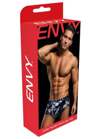 Fashionable Envy Camo Trunk with Dog Tag in navy, emphasizing edgy charm and confidence in camouflage design.