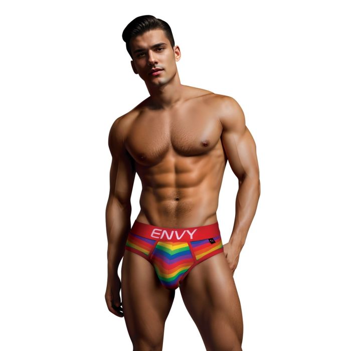Envy Rainbow Pride men's briefs with red waistband detail, featuring vibrant rainbow-colored fabric and comfortable fit.