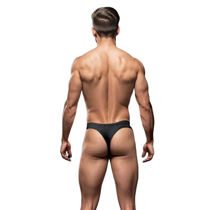Envy men's sexy slinky black and grey thong, available in S–M, M–L, and L–XL, shown on a model.