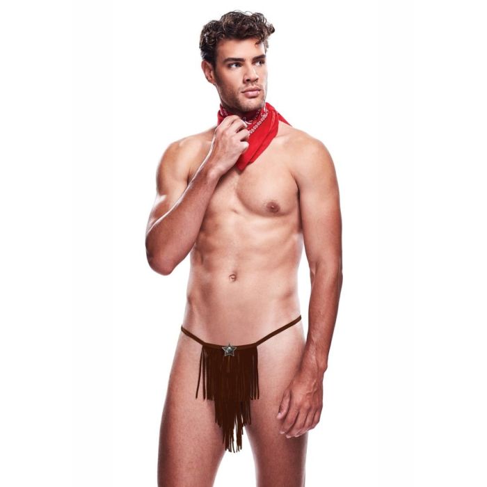 Envy Giddy Up Cowboy 2 Piece Men's Costume Set, a luxurious cowboy costume featuring a g-string style loincloth with playful fringe and a classic star design, perfect for striking a bold impression.
