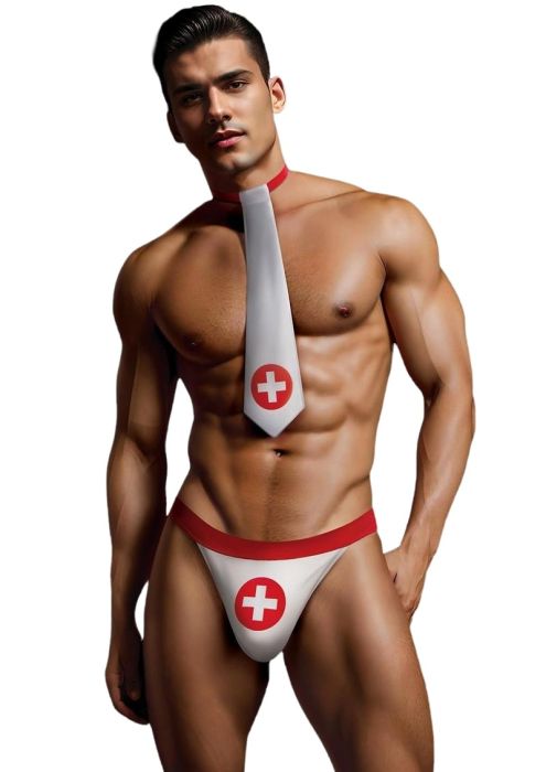 Envy men's nurse thong costume kit in white and red, featuring a two-piece outfit with medical-themed design and matching accessories.